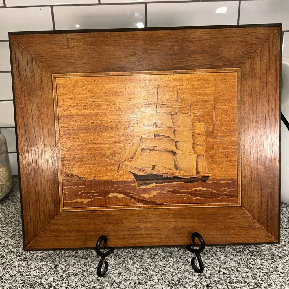 Vintage Marquetry Wooden Inlaid Sailing Ship 15 X 12.5 inches by M Pierson